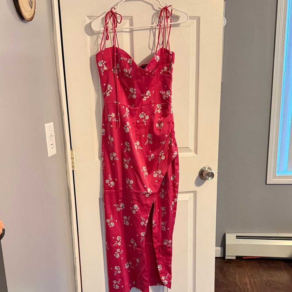Bardot Hot Pink Floral Tie-Shoulder Midi Dress
